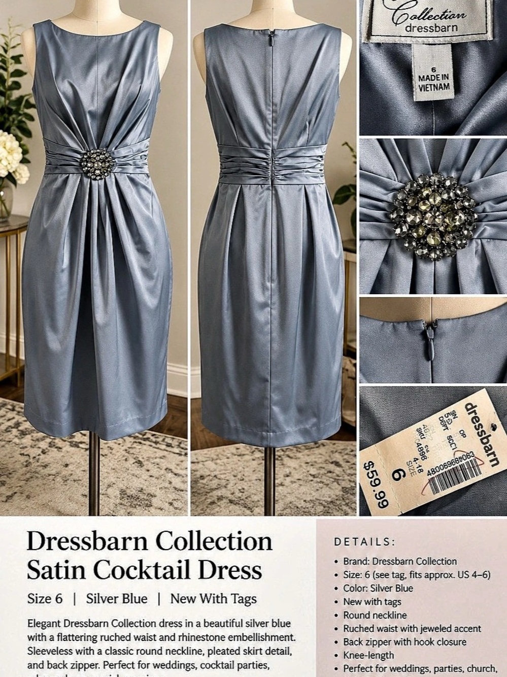 Dressbarn Collection Satin Cocktail Dress Satin Midi Dress Blue Size 6 NWT